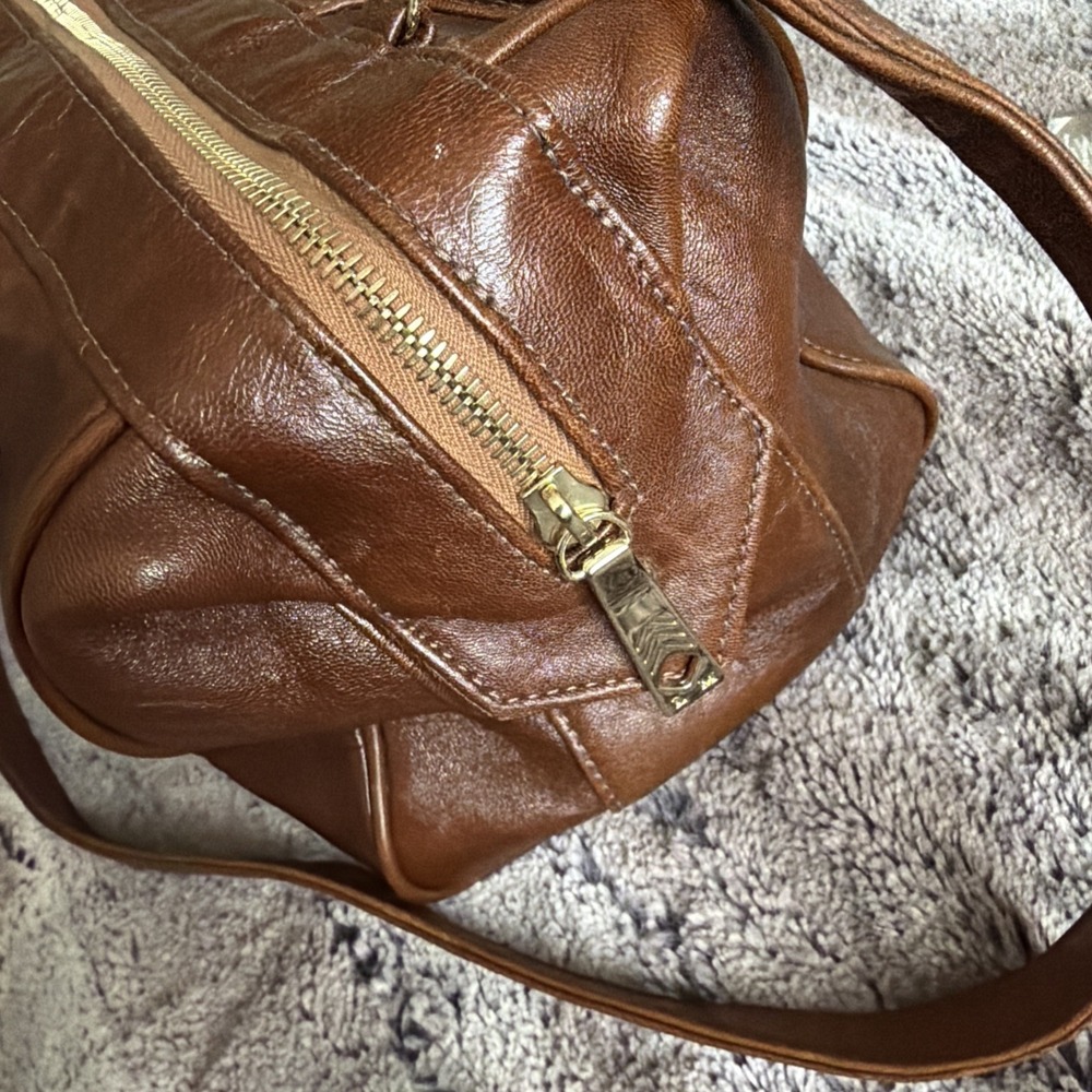 Y2K Lauren Merkin Brown Leather Satchel Duffel Top Handle Shoulder Bag Purse - Picture 3 of 16